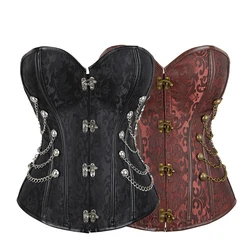 Front Metal Claps Lingerie Gorset Brocade Women Korsett Brown Steampunk Bustier Corset With Chains #843