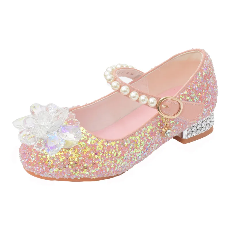 Fashion Bright Crystal Diamond Kids Leather Shoes Girls Pearl High Heels Princess Wedding Performance Children Dance Party Shoes