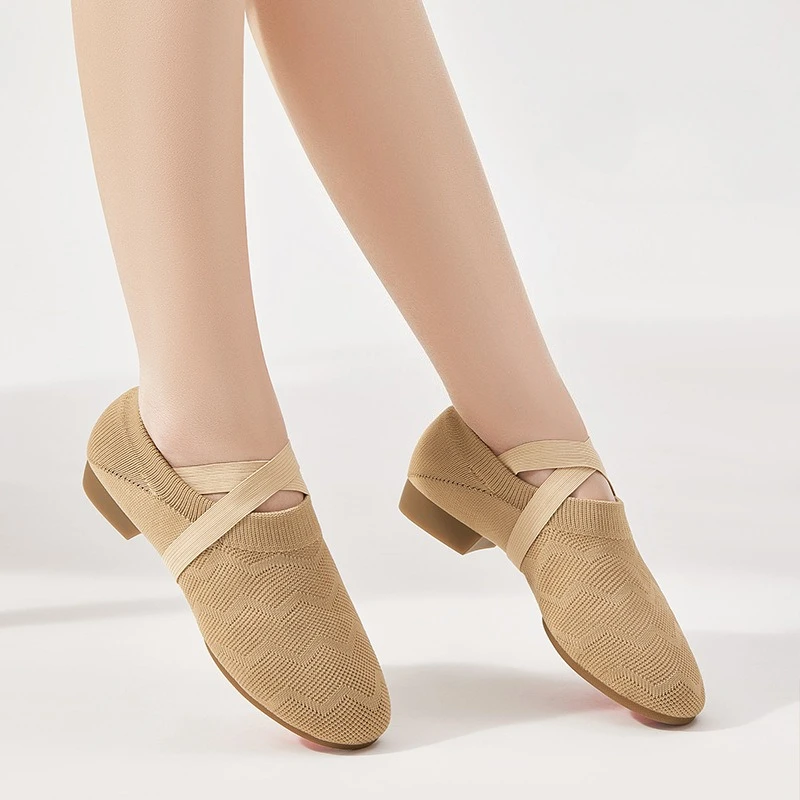 

Женская уличная резиновая обувь с дышащей сеткой, летающая тканая обувь без шнуровки, женская обувь для учителей джазовых танцев с кроссовками на резинке