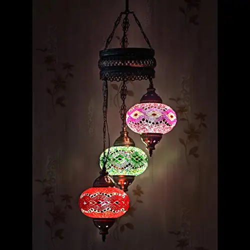 LaModaHome 35 + Unique Colors, 2020 Customizable Chandelier 3 Globes + Free 3 Bulbs, stunning Mosaic Turkish Lamp Moroccan Light