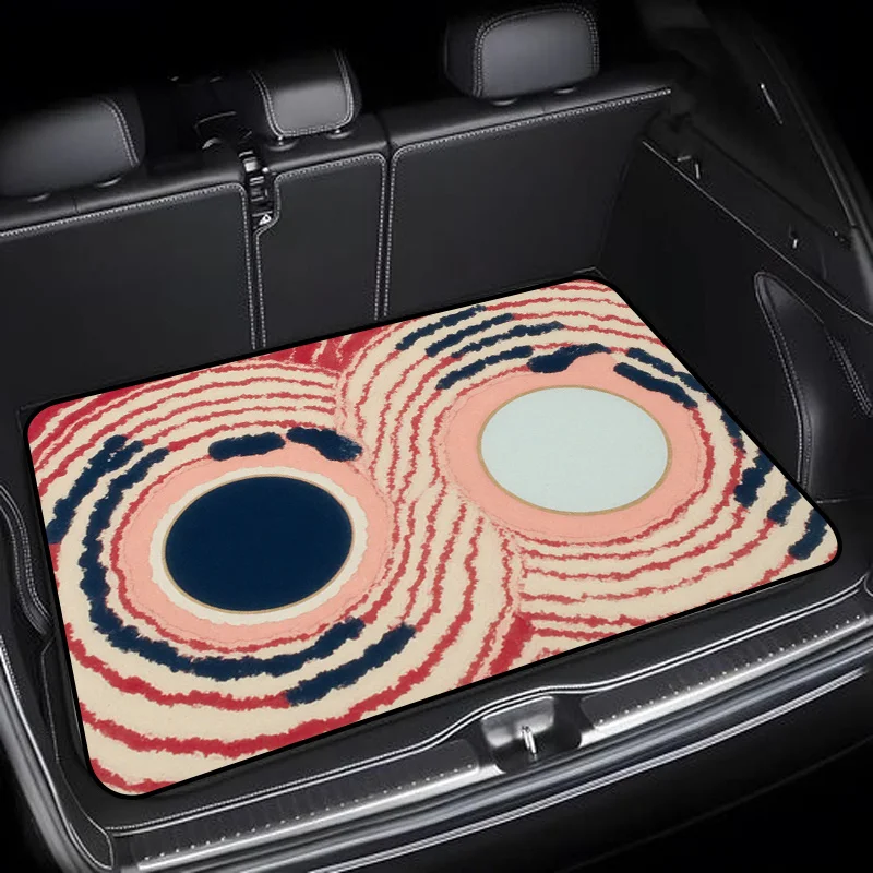 Long-Lasting Trunk Liner For Vehicles Featuring A Stylized Design Of Abstract Eyes On A Red Backdrop With Blue Highlights. This - view 3