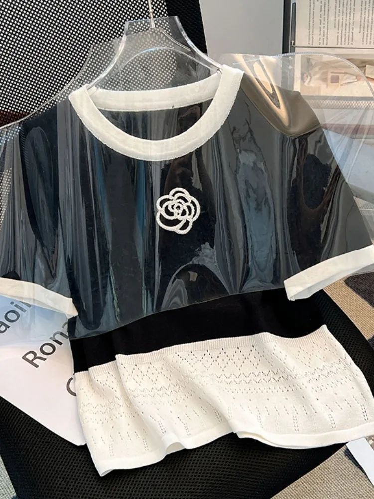 Summer Women's Knitted ort Sve T-irt Color Blo Design Slim Fit ort Length round Ne Top Creative Floral Pattern