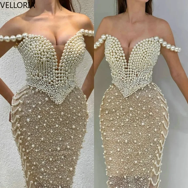 

Sexy Mermaid Evening Dress Off Shoulder Pearls Sequins Prom Gowns Floor Length Party Dresses Vestdos De Fiesta Customized