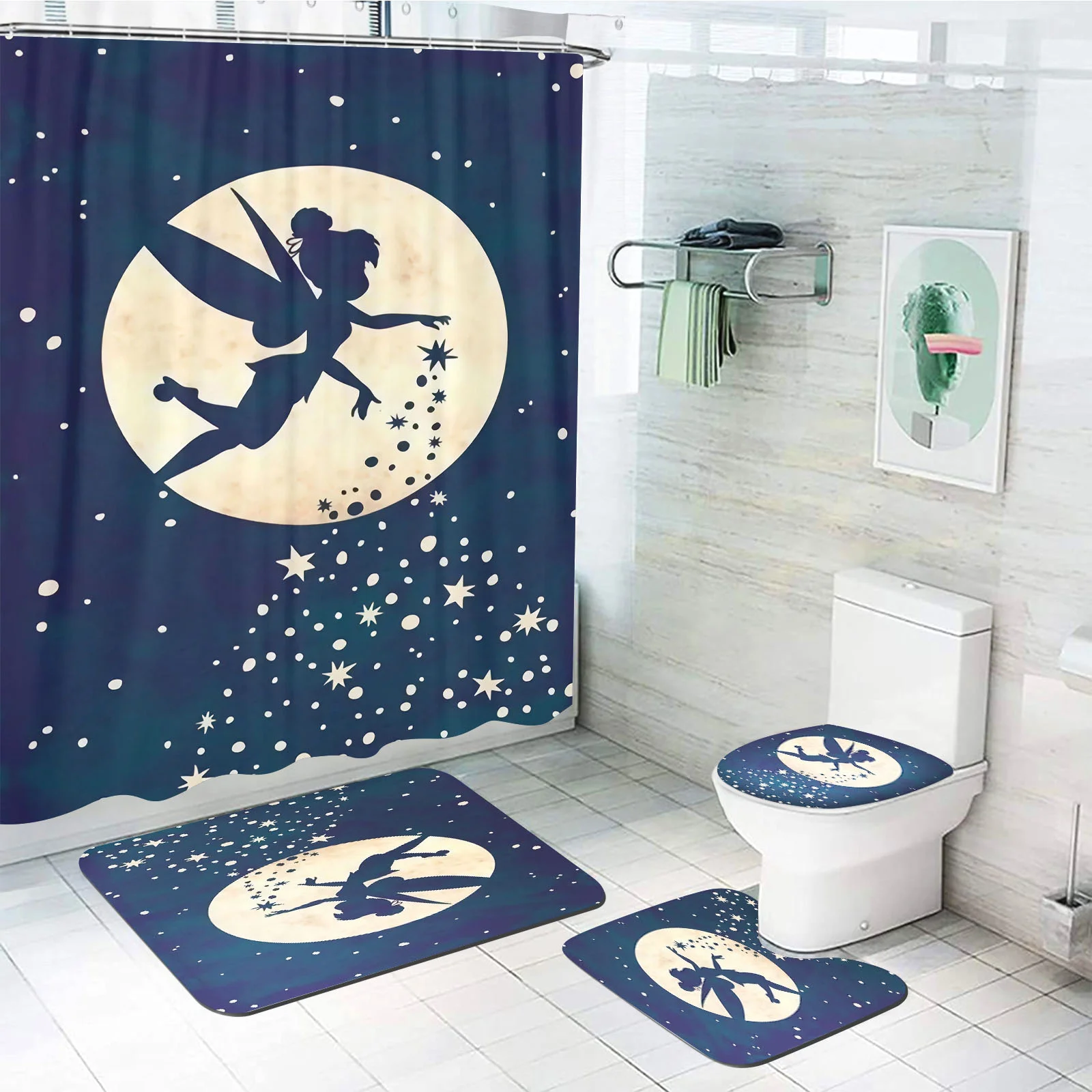 Tinker Bell Bathroom Accessories Shower Curtain Anime 4 Piece Set Mats And Curtains For Living Room Decor Sets Luxury Cute