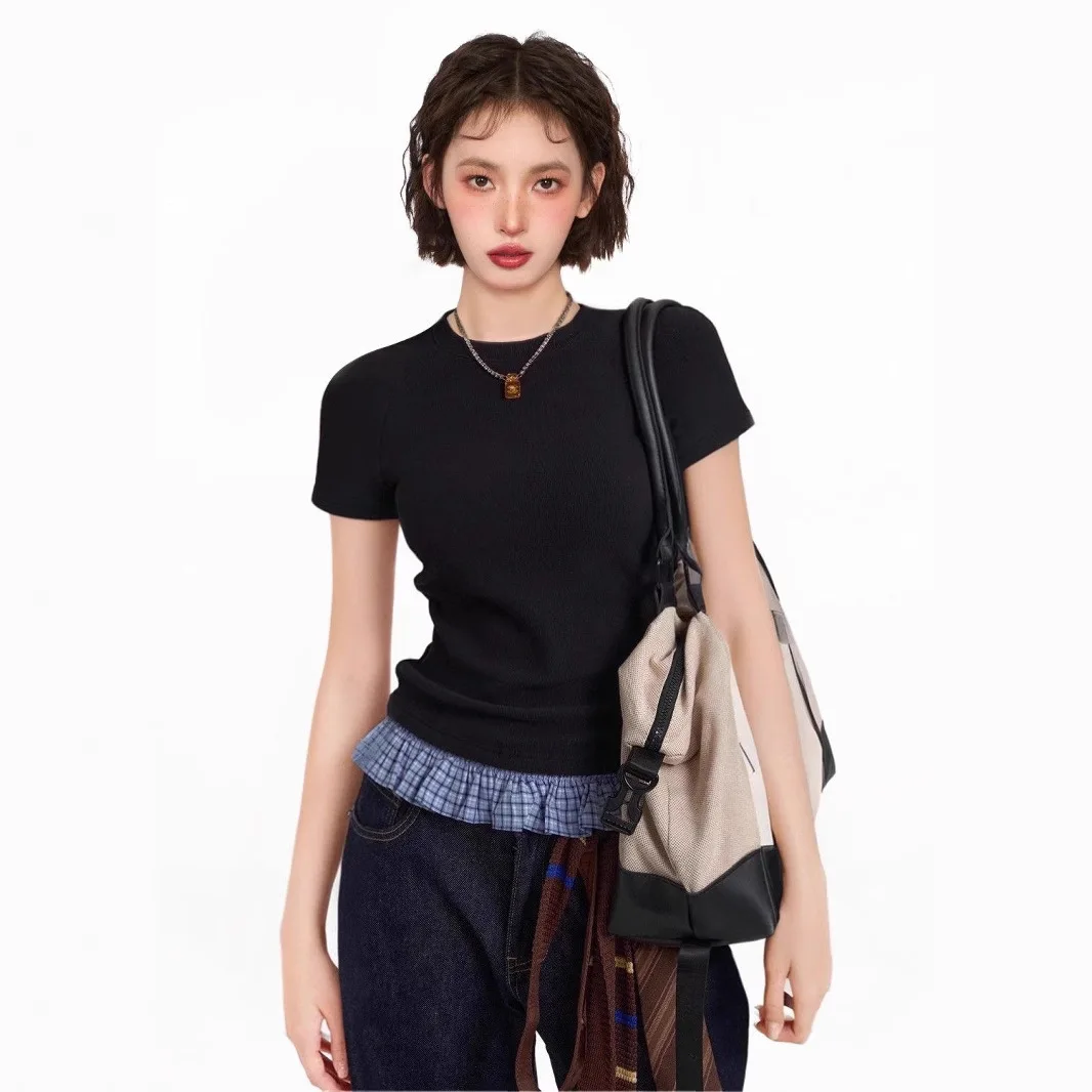 Black fake two piece lace shoulder short sleeved T-shirt for women's summer slim fit short style with bottom half sleeved top