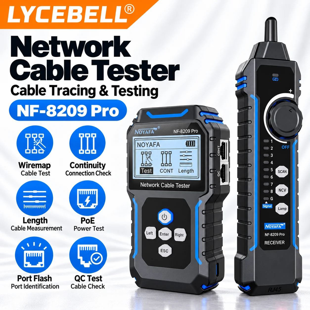 HoldPeak Network Cable Tester, LAN PoE Tester, 5-in-1 RJ45/RJ11 Wire Tracer, Cable Length & Continuity, QC Testing for CAT5/CAT6