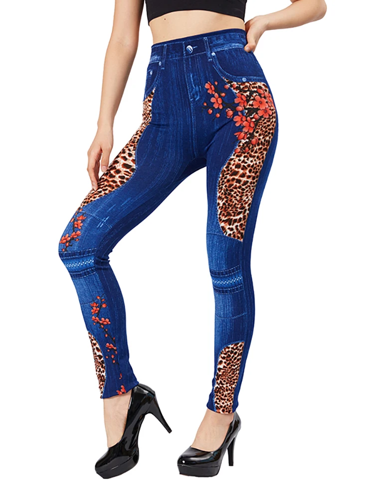 CUHAKCI Leopard Plum Blossom Print Fake Jeggings Women Slim Fit Pencil Pants Stretch Blue False Jeans Imitation Denim Leggings