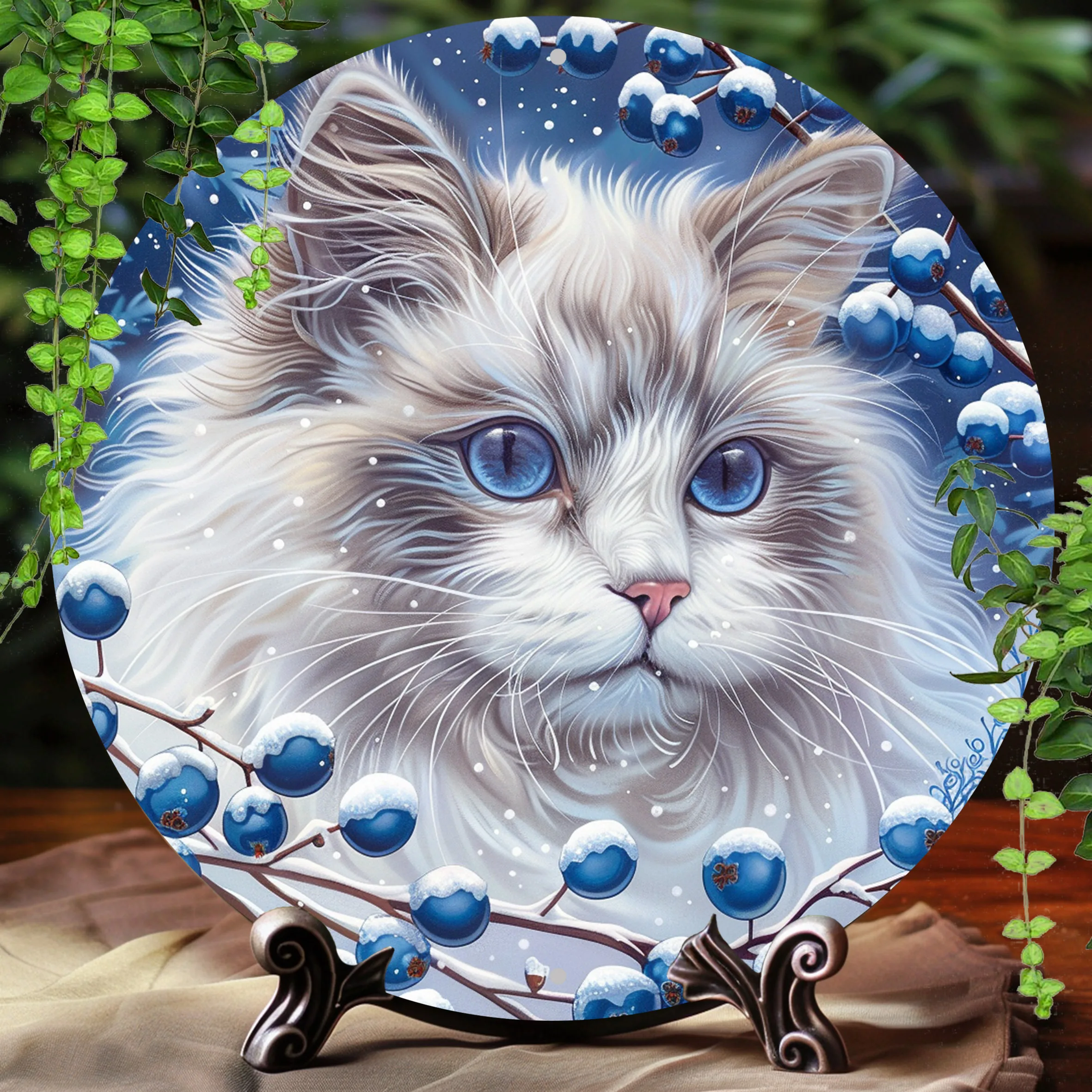 1 Stück, 2D-Flachdruck, rundes Aluminiumschild, Wandkunst, Vintage-Metallschild, weiße Katze, für Bar, Küche, Kaffee, Zuhause, Zimmer, Wohnzimmer