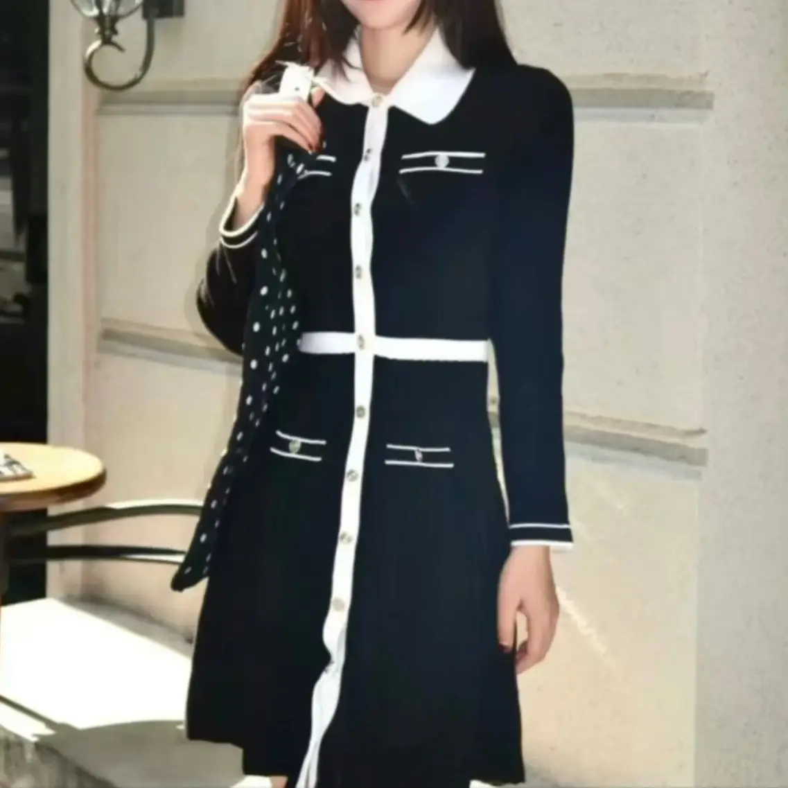 

High Quality Summer And Autumn New Fashionable Commuting Slim Fit Button Collar Seven Quarter Sleeve Women Knitted A-Line Dress