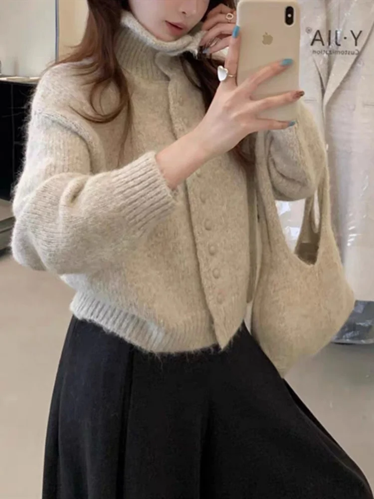 Vintage Solid Slim Knitted Cardigan Women's Single Breasted Long Sleeve Turtleneck Sweater 2026 New Autumn Winter Streetwear
