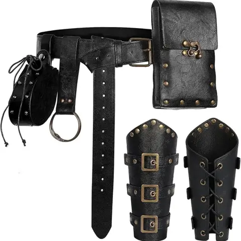 Viking Medieval Belt Renaissance Leather Belt Pouch Purse Viking Medieval Leather Bracers for Halloween Retro Medieval Festival Costume Cosplay
