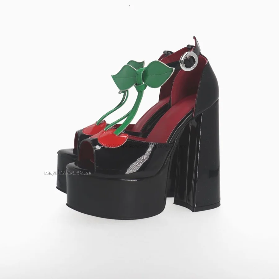 Patent Leather Chunky High Heels Sandals Hollow Cover Heel Women Shoes Ankle Buckle Strap Peep Toe Cherry Decor Zapatillas Mujer