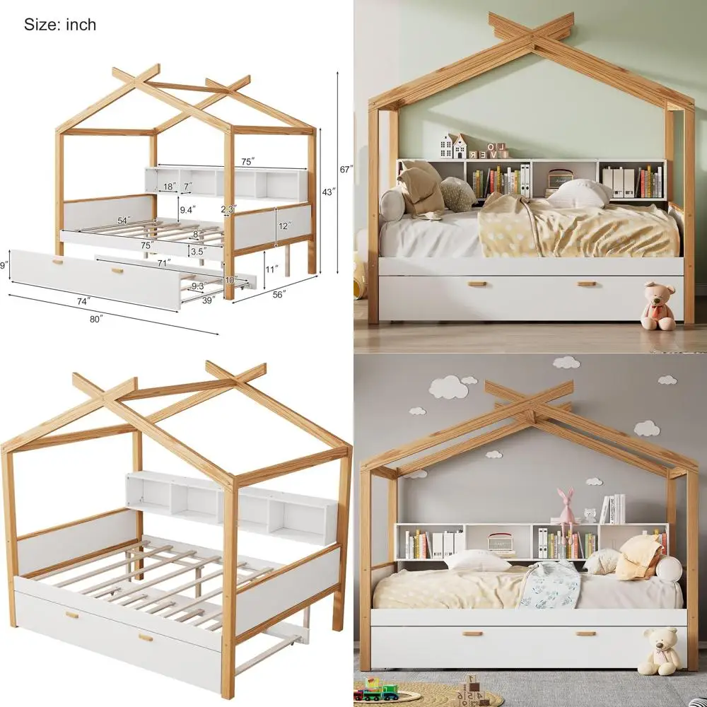 

Белая деревянная кровать-платформа с книжным шкафом и выдвижным ящиком для хранения, подходит для детей и подростков (полноразмерная)