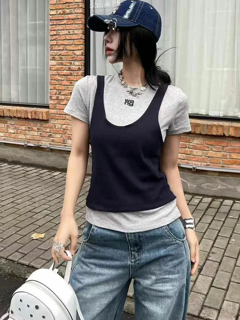 

Summer 2025 Wang Letter Print round Neck Short Sleeve T-Shirt Vest Two-Piece Set Big King Family Fashion Commute Style Slim Fit