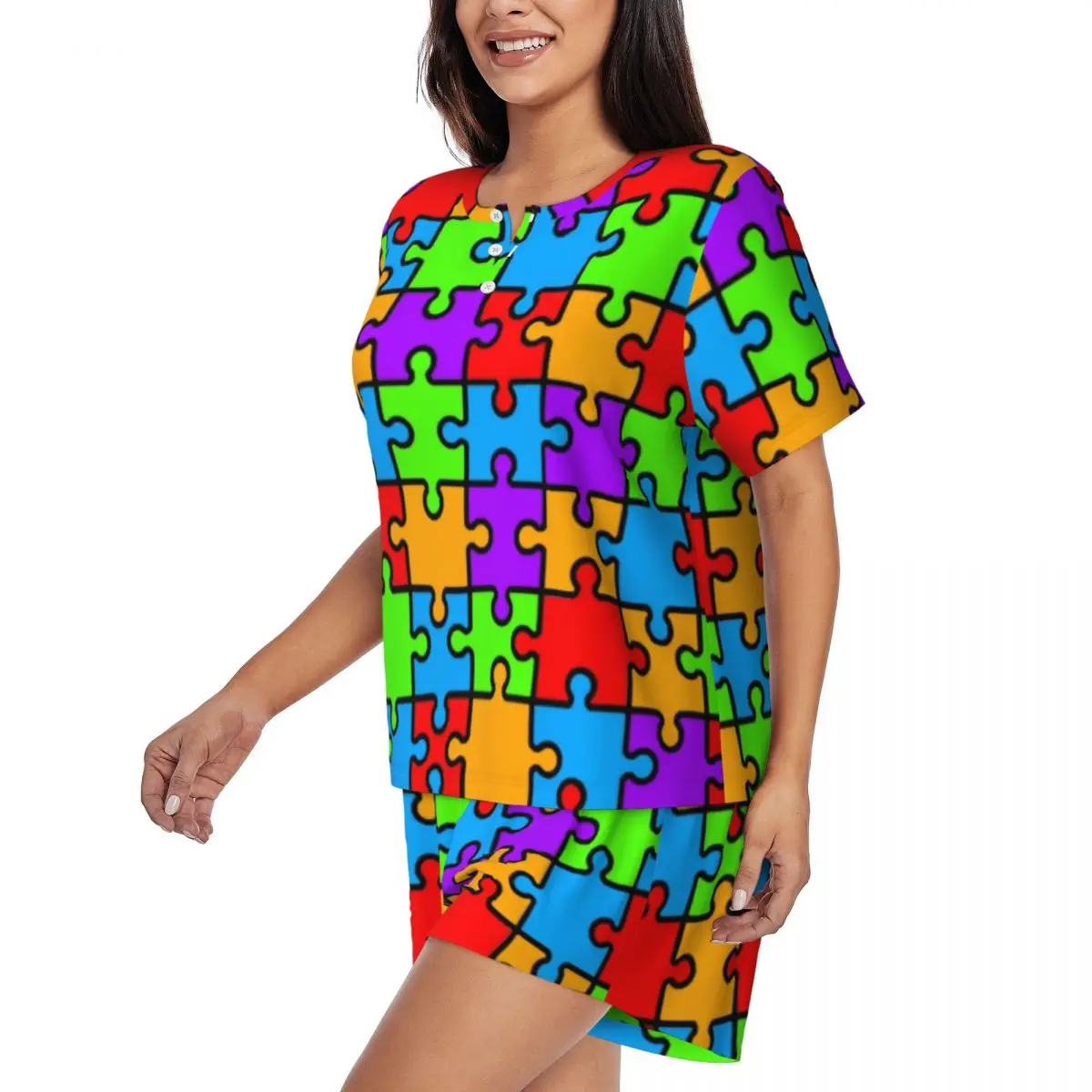 Colorful Puzzle Autism Awareness Pattern Pajamas Set Women Short Sleeve Sleepwear Loungewear 2 Piece Pjs