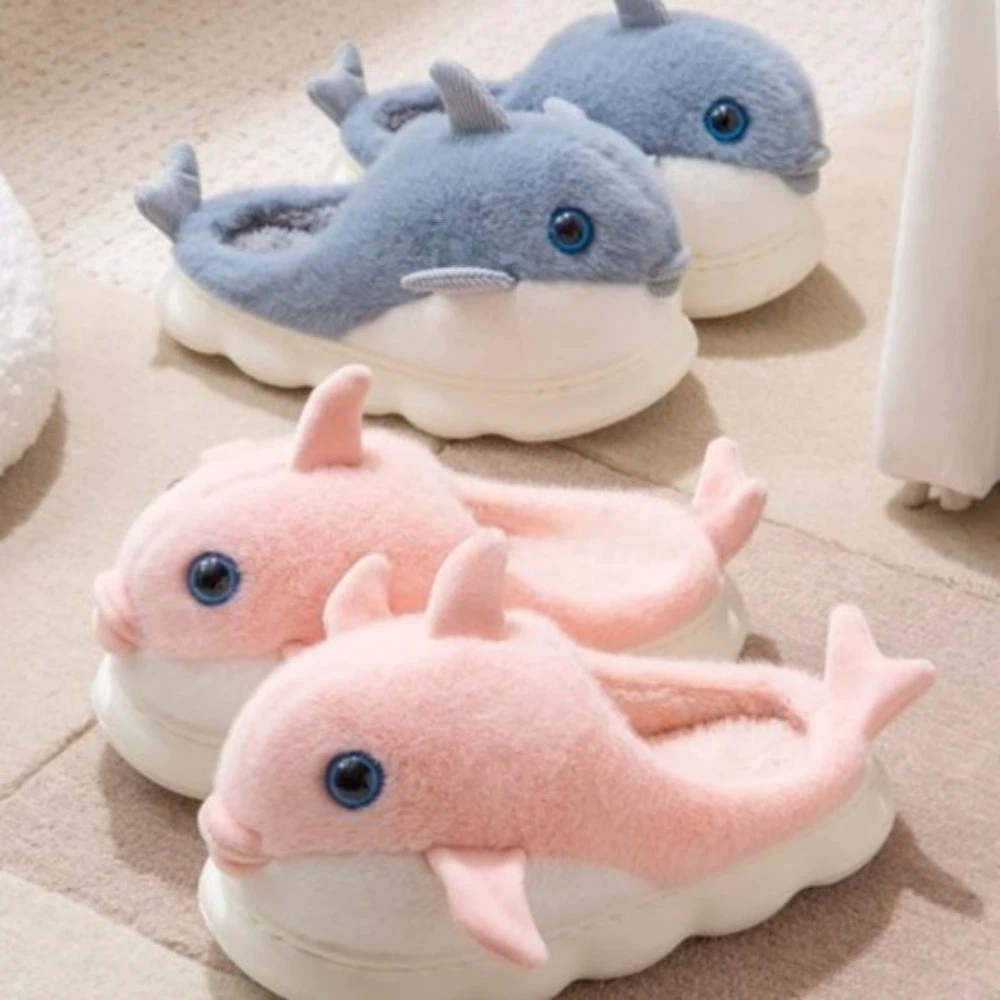 

Плюшевые тапочки с китовой акулой и дельфином, плюшевые шлепанцы, лоферы, зимняя обувь, зимние пушистые тапочки, теплые меховые тапочки с мягкими животными