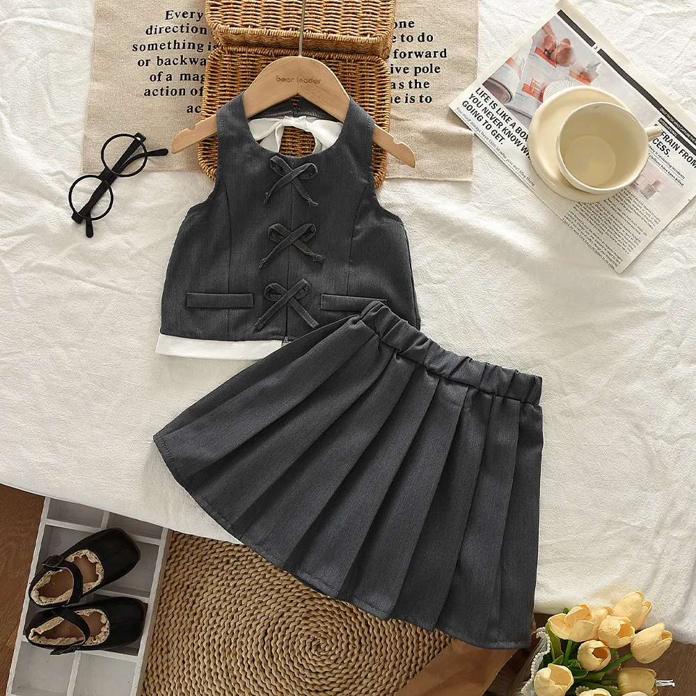 Grey Fashion Hanging Neck Korean Version Girls' Clothing Summer Bow Decoration Sleeveless Backless Top + Pleated Skirt
