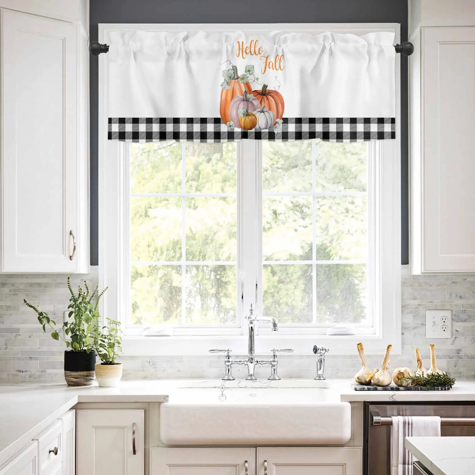 

1PCS Kitchen Short Curtain Valance Black And White Plaid Hello Fall Pumpkin Rod Pocket Window Home Decoration