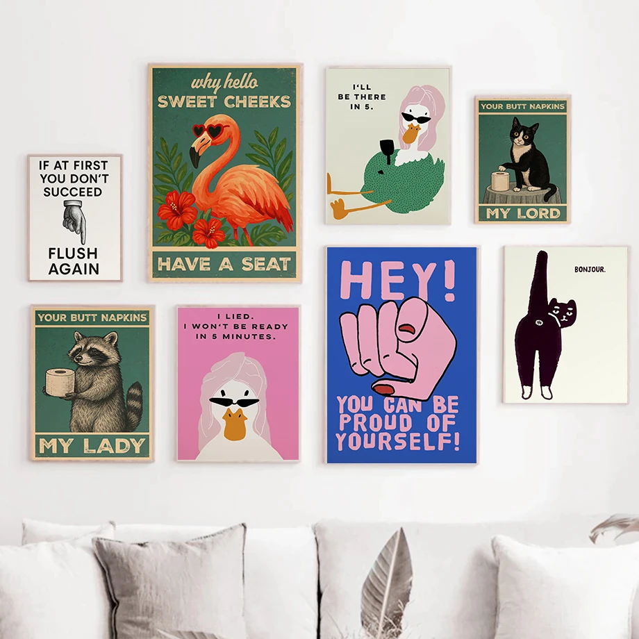 Funny Toilet Animals Bathroom Quote Poster Cat Toilet Jokes Typography Prints Canvas Painting Wall Art Pictures Home Room Decor