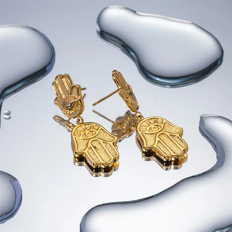 Pendientes de gota de mano de Fátima de acero inoxidable para niña, Pendientes de diamantes de imitación de ojo turco de la suerte, nuevo diseño
