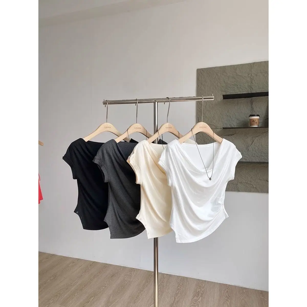 Slim Fit Modal T-Shirt Women's Korean Style Short Sleeve Drawstring Waist Design Breathable Sweat Absorbent round Neck Top