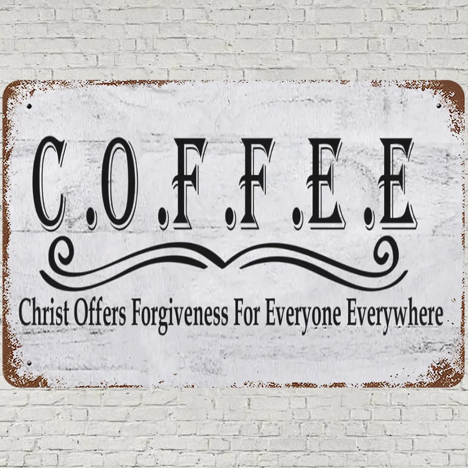 CHARLLR Vintage Metal Tin Sign 8x12, Coffee Christ Offers Wall Art Decor, Forgiveness For Everyone Everywhere Poster for Home Li