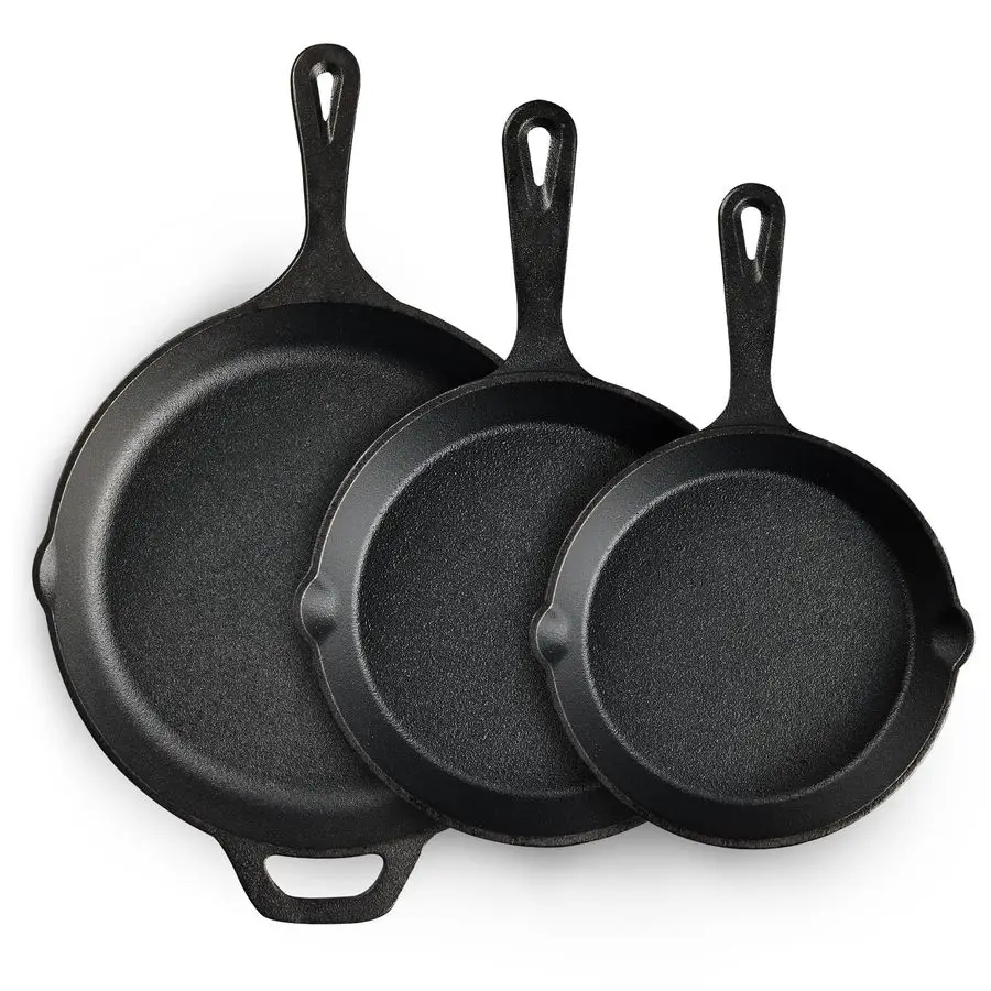 

Cast Iron Skillet 3Piece Set, HeavyDuty Professional Restaurant Chef Quality PreSeasoned Pan Cookware Set, 6, 8, 10 Pans For Fry