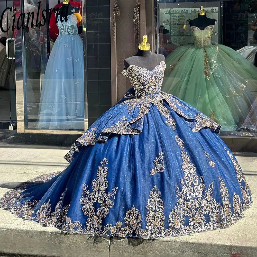 Dark Blue Ruffles Off The Shoulder Ball Gown Quinceanera Dresses With Gold Appliques Lace Corset Vestidos De 15 Años