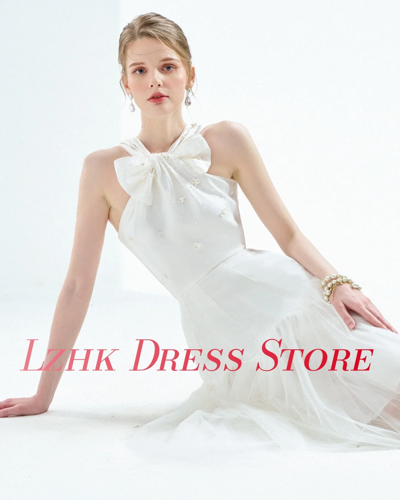 Personalizado requintado organza a linha de cristal 3d arco vestido de noite delicado sem mangas o pescoço chá comprimento sob medida vestidos de ocasião