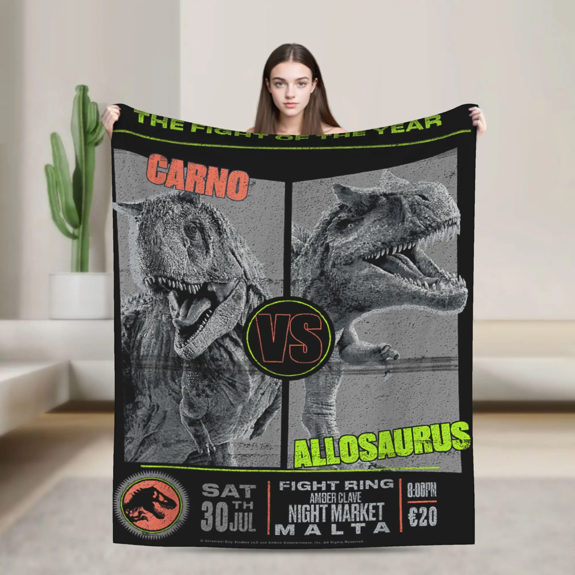 Manta de Felpa con Diseño de Carnotaurus vs. Allosaurus de Jurassic World Dominion, Manta Cálida y Acogedora, Cubrecama de Franela, Funda para Sofá
