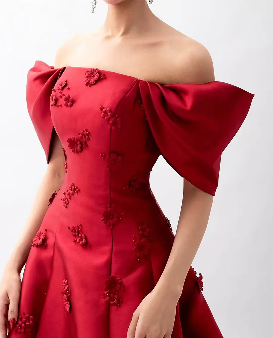 Red Elegant Prom Dress Off the Shoulder Short Sleeveless 3D Flowers A-line Wedding dress Satin Pleat Evening Dress Custom