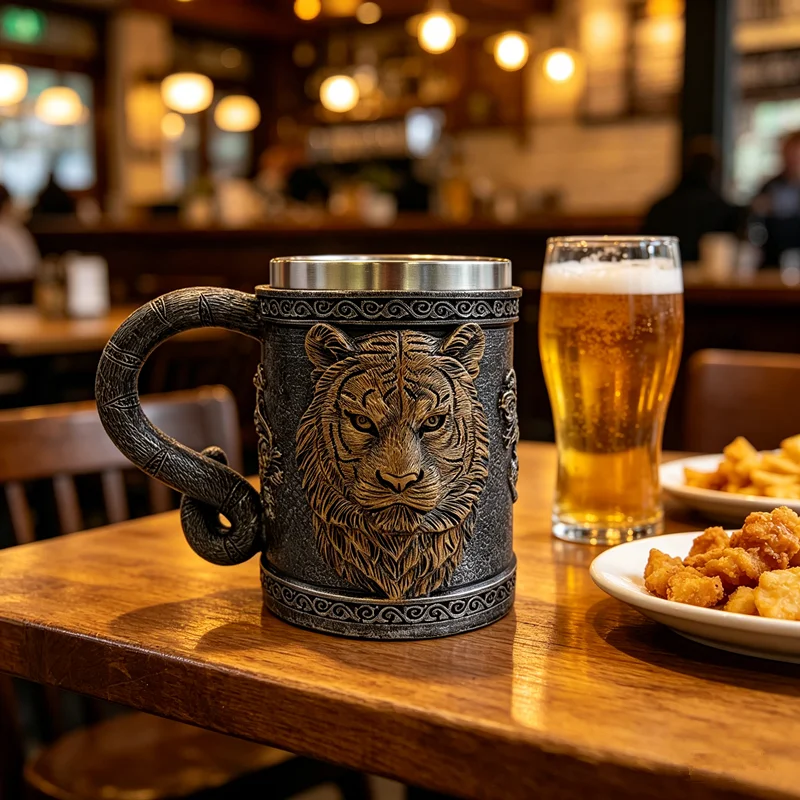 3D Tiger Head Retro Mug 450ml/15oz Stainless Steel Lined Coffee Beer Cup Viking Style Novelty Drinkware for Men