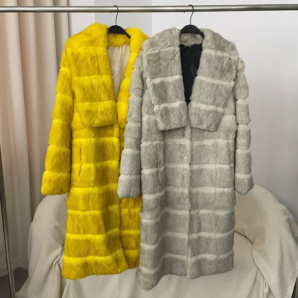 

Women's New Autumn/Winter Natural Rabbit Fur Coat Fur Onesie Lapel Mid-length Warm Thick Coat Custom Color