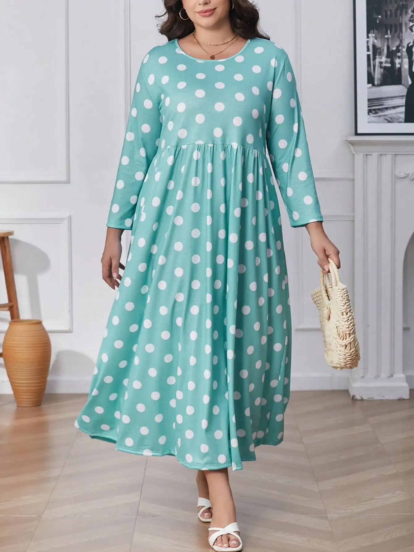 

Plus Size - Women's Spring/Summer/Autumn Casual Vacation Bohemian Style Polka Dot Print Loose Dress