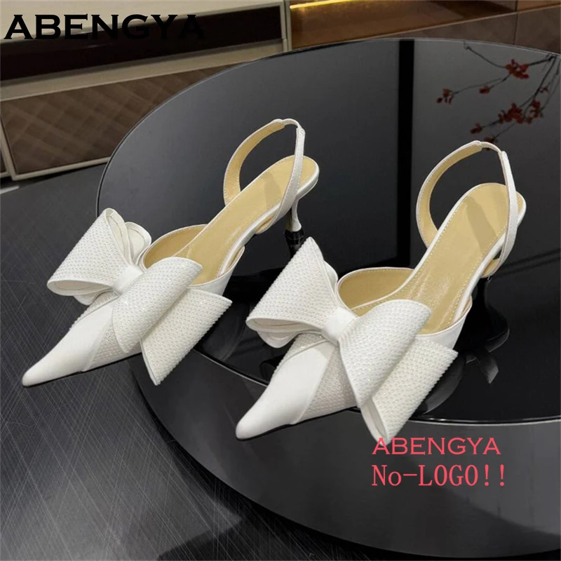 الصيف كريستال Bowknot أحذية عالية الكعب المرأة أحذية الحفلات الزفاف بوينت تو Slingback الصنادل النساء المصارع أحذية السيدات 2025