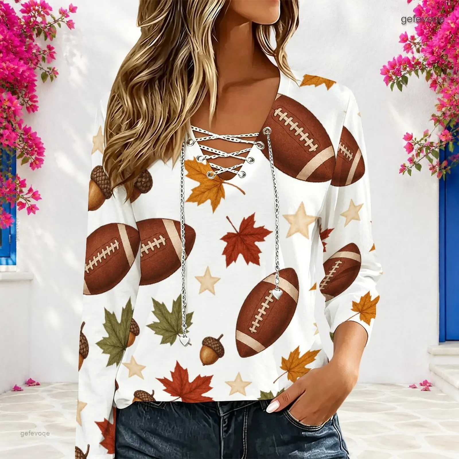 Women White Base Football Maple Leaf Acorn Star Printed V Neck Lace Up Long Sleeve Top