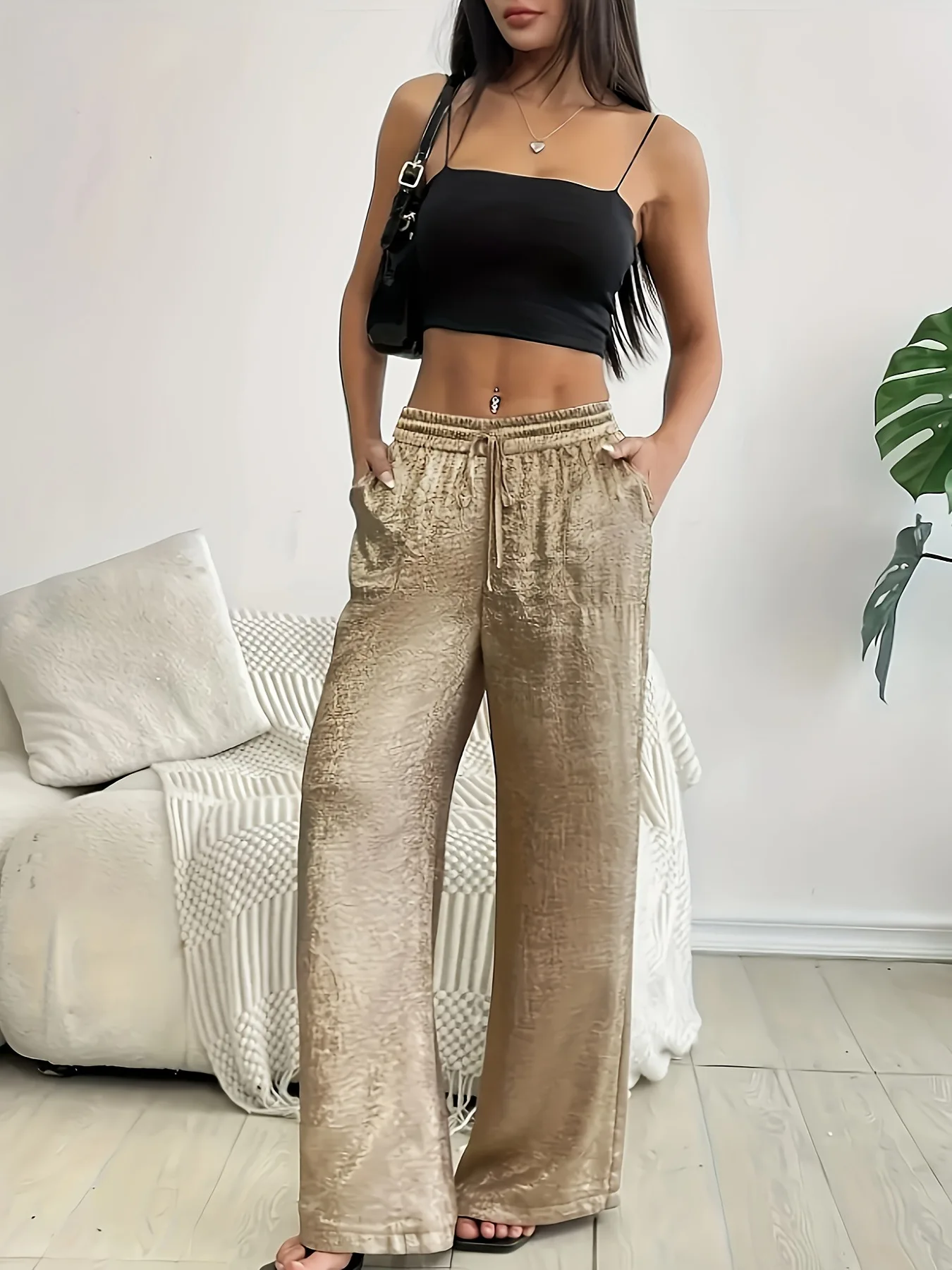 Gold Wide Leg Pants For Women Trousers With Pockets Black Women's Pants And Trousers Casual High Waist Baggy For Ladies