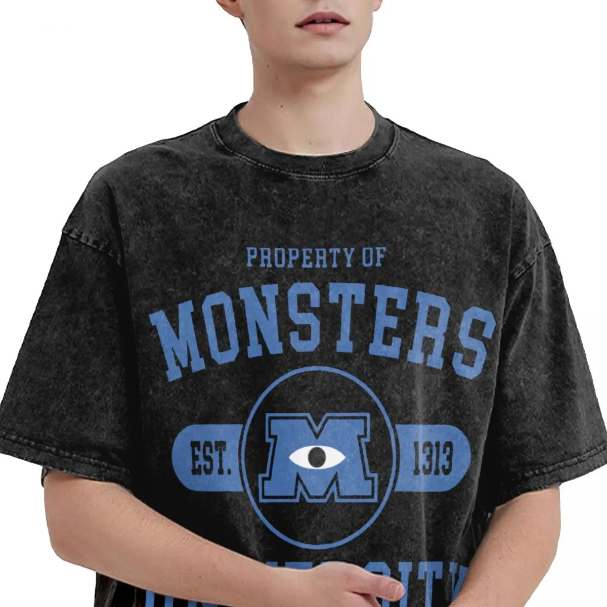 Unisex Monsters University T-Shirt, Tees gráficos, Hip Hop, lavado, de grandes dimensões, Streetwear Tops, estudantes, homens, mulheres