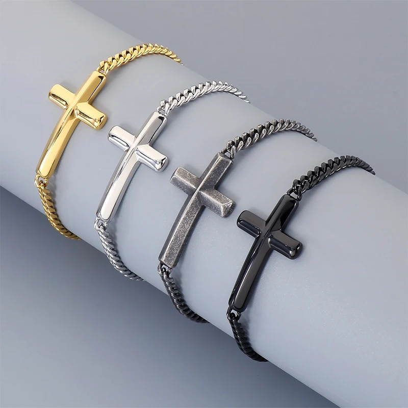 KALEN Unisex Stainless Steel Cross Bracelet Adjustable Curb Chain for Minimalist Street Style Silver Gold Color Fashion Jewelry