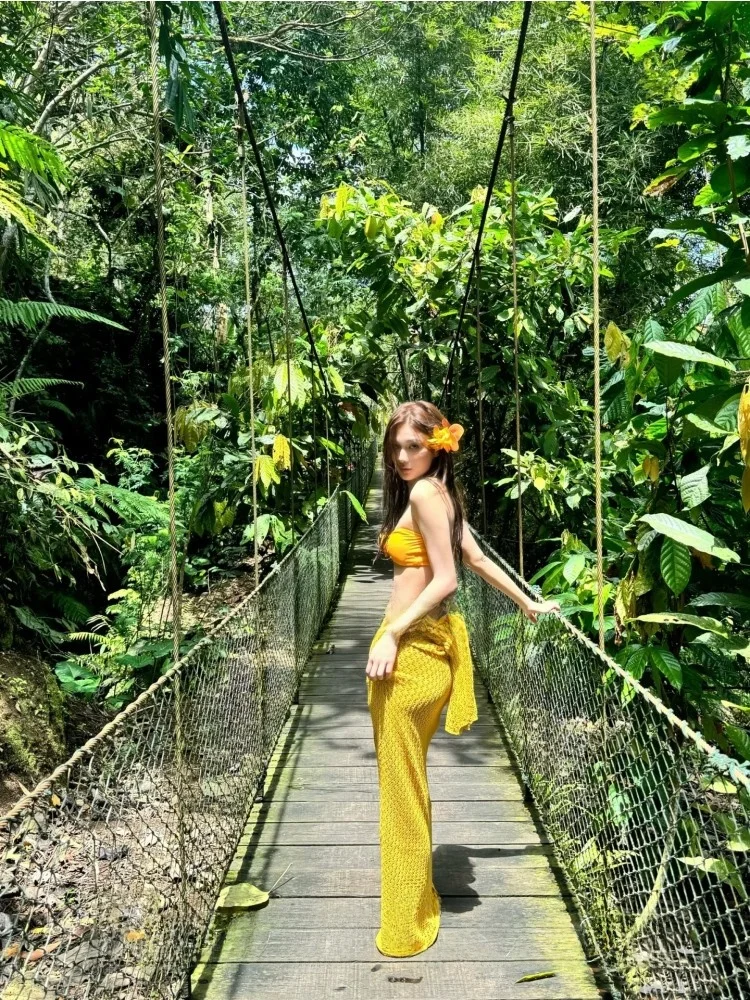 

Wild Linglong Knitted Long Dr Flower Bikini Beach Vaion Swimming Suit Hot Spring Travel Wild Ginger Yellow Swimwear