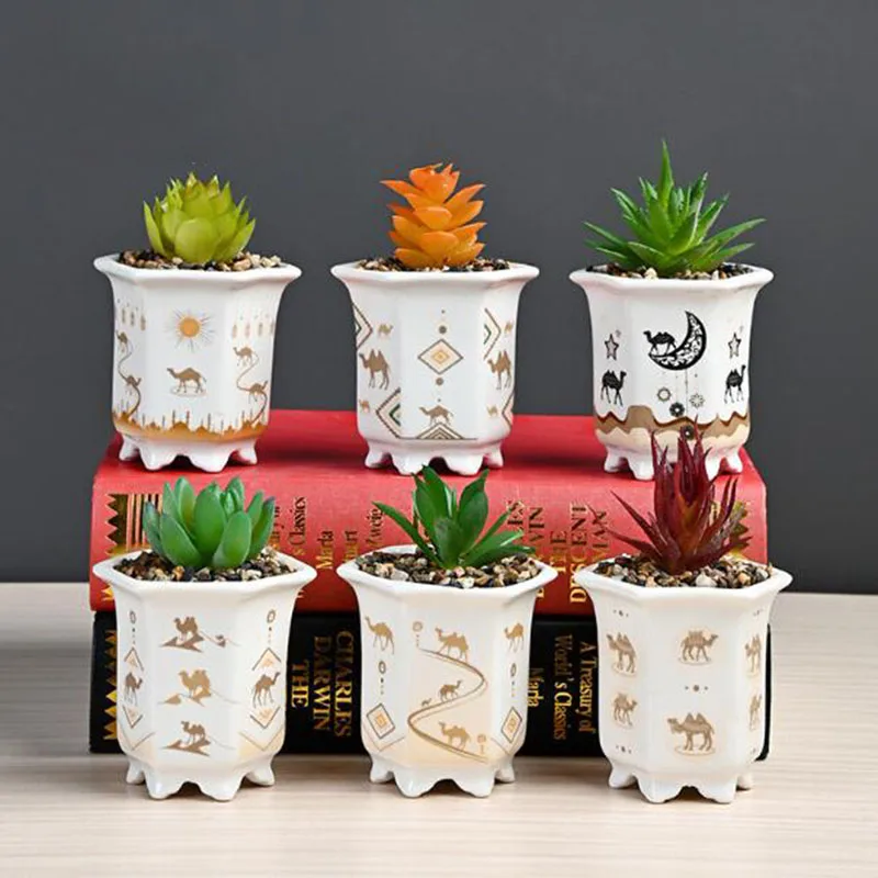 Chinese Style Porcelain Camel Animal Pattern Fleshy Plant Pot Hexagonal Flower Pot Vase Planter Ornaments Garden Home Decor