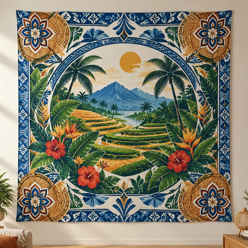 VIKAMA Rice Terrace Corner Motif Tapestry Wall Hanging, Tropical Wall Decor Tapestries for Bedroom Nursery Kids Room Living Room