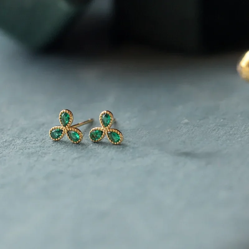 S925 Sterling Silver Emerald 3-leaf Stud Earrings For Women Kids 14K Gold Plate Ear Wedding Party Jewelry Gift Female Pendientes