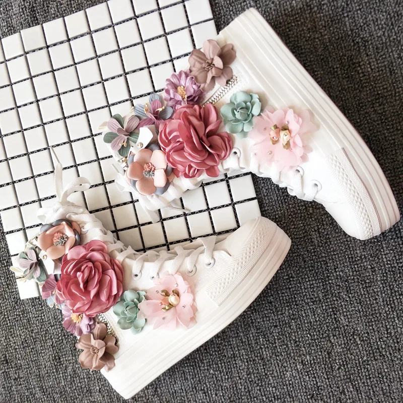 Women Canvas Boots Long Boots Handmade 3D Flats Casual Thick Sole High Top Zipper Comfortable Vulcanize Sneakers Women's Boots