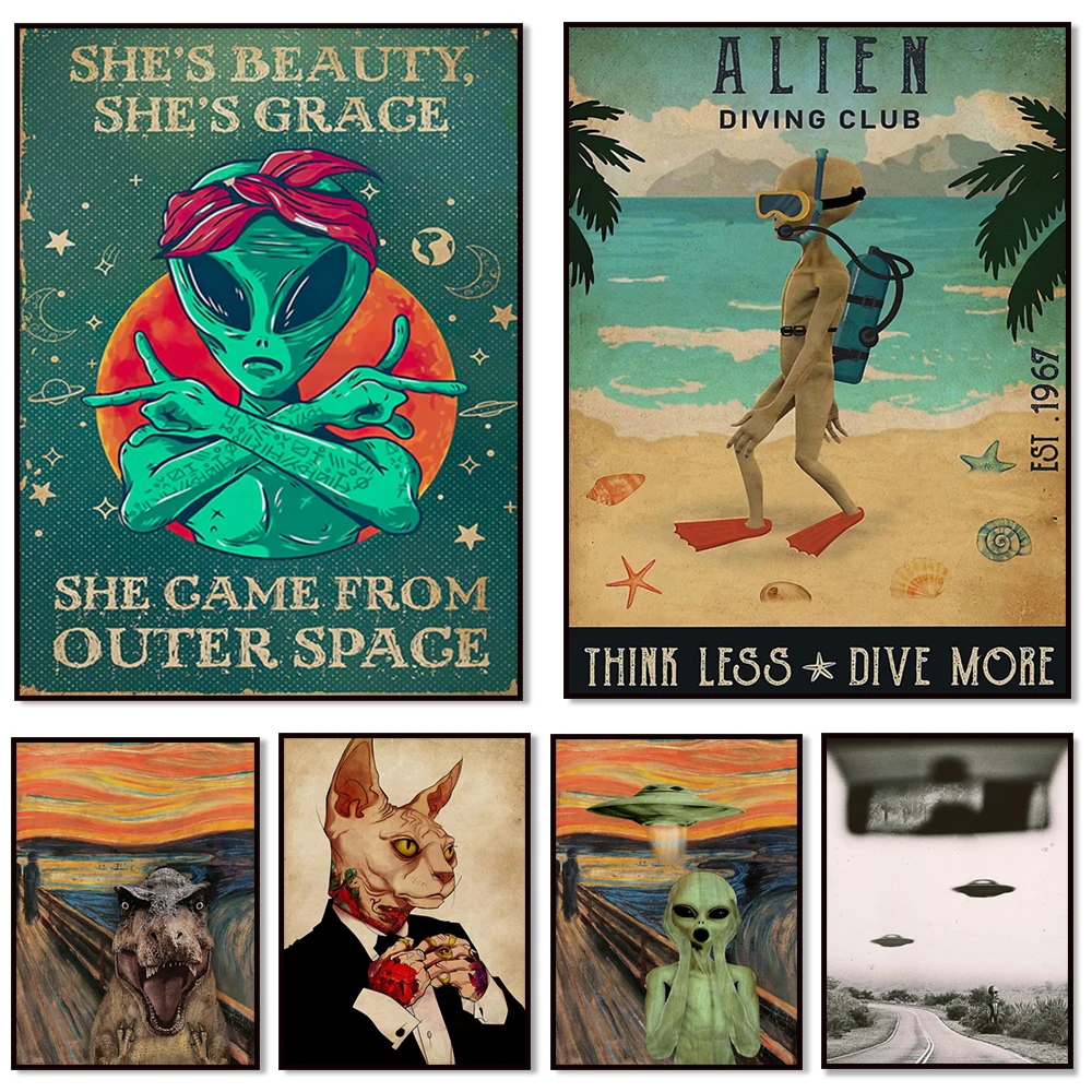 UFO Alien Prints, Alien Scream Poster, / Alien Bike Club Poster, Tattoo Poster, Space Poster Funny Alien Print