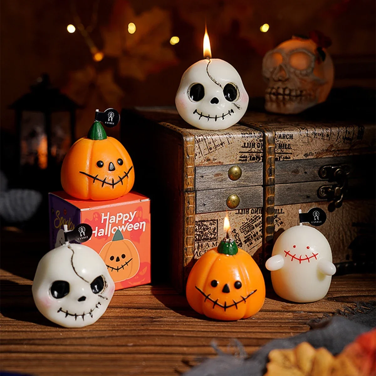 1/3-teiliges Halloween-Duftkerzen-Set – gruseliger Kürbis, Geister- und Totenkopf-Sojabachs-Dekor | Herbst-festliche Heimgeschenke Trio