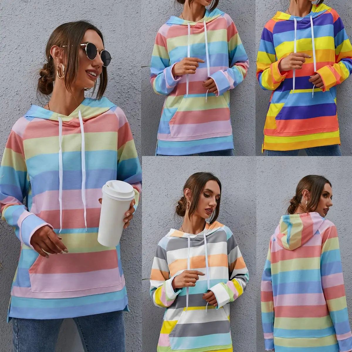 

Худи с радужным принтом и полосками, с капюшоном и завязками, в уличном стиле, с длинными рукавами, хлопковый пуловер с круглым вырезом для женщин