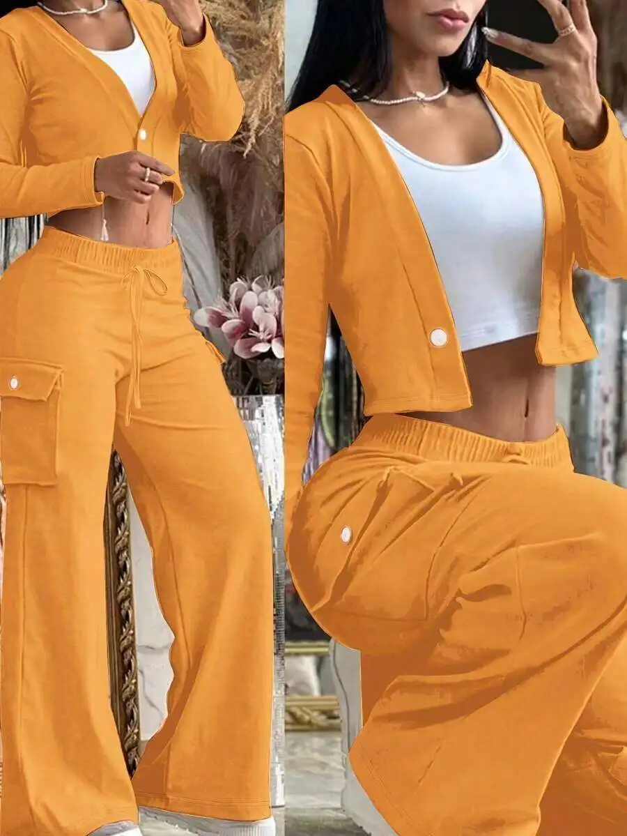 

Womens Orange 2 Piece Set: Cropped Button-Up Cardigan & Cargo Pants With Drawstring Waist