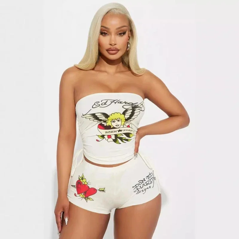 Women Strapless Tube Top Shorts, Set Graphic Print Two Piece, Outfit Sleeveless Crop Top High, Waist Shorts Clubwear Streetwear
