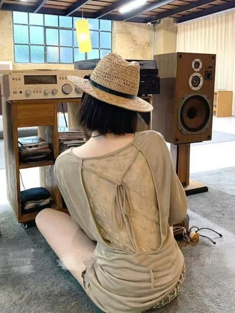 Tシャツ女性服パッチワークレースセクシーな Tシャツ韓国 Camisetas 包帯背中の開いたシックな夏 Y2k Tシャツ Ropa Mujer